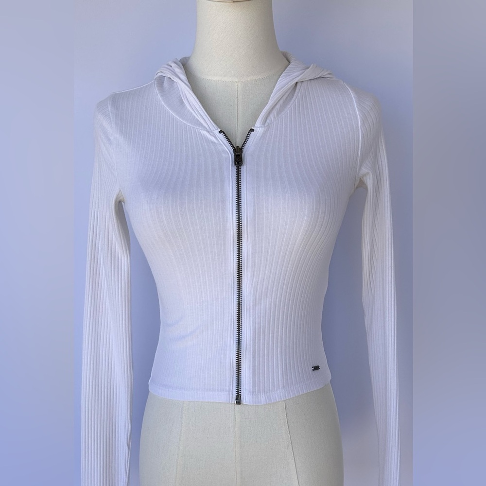Hollister Women’s Ribbed Zip Up‎ Hoodie Long Sleeves White Size XXS